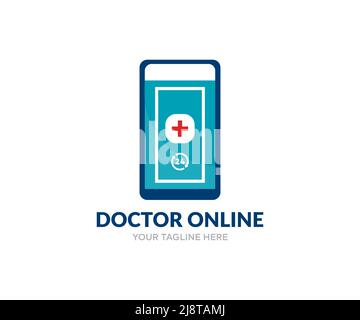 Online-Konzepte für Arzt, Medizin und Gesundheitswesen Logo-Design. Online-medizinische Beratung, Arzt durch das Telefon Vektor-Design und Illustration. Stock Vektor