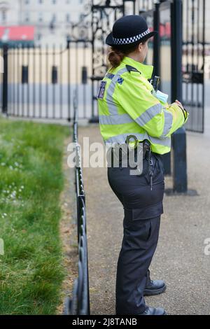 Einsame weibliche Polizeibeamte der Metropolitan Police steht gegenüber dem Horse Guards Parade Ground, London, England. Stockfoto