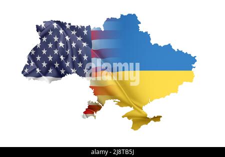 Karte der Ukraine mit Flaggen der Ukraine und der USA. Stockfoto