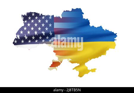 Karte der Ukraine mit Flaggen der Ukraine und der USA. Stockfoto