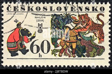 Eine in DER TSCHECHOSLOWAKEI gedruckte Briefmarke zeigt Illustration des Künstlers Gennady Pavlyshyn 'Amur Tales', aus der Serie, 1977 Stockfoto