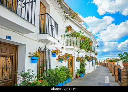 Malerische enge Straße und typische Fassade des weißen Hauses mit blauen Blumentöpfen in Mijas dekoriert. Provinz Malaga, Andalusien, Spanien Stockfoto