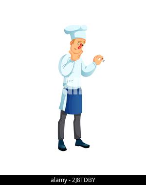 Flacher Cartoon Mann Charakter Koch bei der Arbeit, Hinzufügen von Gewürzen, Restaurantpersonal und professionelle Lebensmittel Kochen Vektor Illustration Konzept Stock Vektor