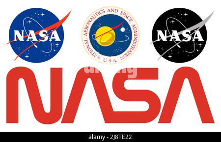 Vinnytsia, Ukraine - 17. Mai 2022: Logos von Raumfahrtunternehmen. NASA-Siegel, NASA-Abzeichen „Ball“, NASA-Schriftzug „Worm“. Redaktionelle Illustration Stock Vektor