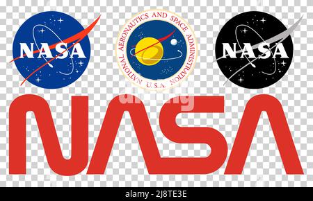 Vinnytsia, Ukraine - 17. Mai 2022: Satz von Raumfahrtunternehmen Logos. NASA-Siegel, NASA-Abzeichen „Ball“, NASA-Schriftzug „Worm“. Redaktionelle Illustration iso Stock Vektor