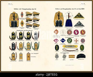 1937 Hitlerjugend Offizielle Uniform Nachschlagewerk 1937 Uniformen und Rangabzeichen der Hitlerjugend (HJ) Abzeichen Visierkappen/Schirmmütze (Schirmmütze) Schulterriemen und Lanyards Uniformen und Rangabzeichen des Deutschen Jungvolk (DJ) und des :Bund Deutscher Mädels (BDM) die Uniform des DJ ('Deutsche Jugendliche') war dem Hitlerjugend-Äquivalent sehr ähnlich. Stockfoto