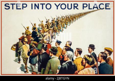 WW1 Rekrutierungs-Poster SCHRITT IN DEINEN PLATZ Vintage British Historic WW1 Rekrutierungs-Propaganda-Poster in 1914 UK 'Schritt in deinen Place’ World war I Recruiting First World war STEP INTO YOUR PLACE Vintage British Historic WW1 Recruitment Propaganda Poster in 1914 Großbritannien „Step into your place“ erster Weltkrieg, der den Ersten Weltkrieg rekrutiert Stockfoto