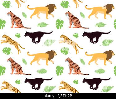 Vector seamless pattern of wild cats and palm Stock Vektor
