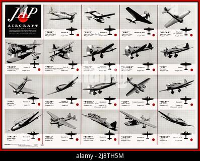 WW2 Japanische Flugzeugtypenerkennung Avaiation Poster Chart 1943 Zweiten Weltkrieg 'JAP AIRCRAFT' Illustration Poster Identifizieren von Formen Typen Silhouette Stockfoto