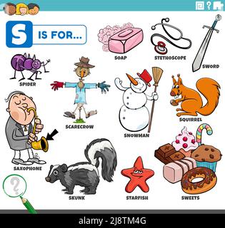 Pädagogische Cartoon-Illustration für Kinder mit Comic-Figuren und Objekte für den Buchstaben S gesetzt Stock Vektor