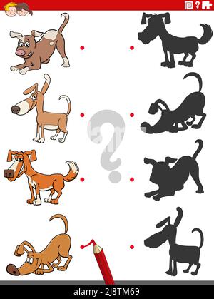 Cartoon Illustration von Spiel die richtigen Schatten mit Bildern pädagogische Spiel mit Hunden Tierfiguren Stock Vektor