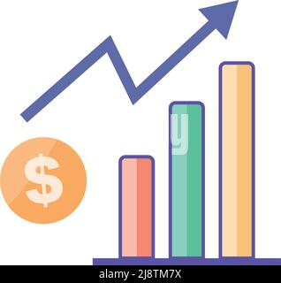 Balkendiagramm-Symbol und steigender Pfeil des steigenden Preises des US-Dollars. Bearbeitbarer Vektor. Stock Vektor