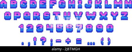 Retro-Pixelschriftart. 8-Bit-Arcade-Spiel Buchstaben Zahlen und Satzzeichen, Vintage-Video und Computerspiel Comic-Alphabet. Vektor-isolierter Satz Stock Vektor