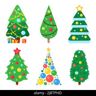 Flacher Weihnachtsbaum aus Papier, geschmückt mit bunten Kugeln, Girlanden und Sternen. Winterurlaub Feier Symbol der verschiedenen Formen Stock Vektor