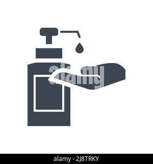 Symbol für Vektorgliphe im Zusammenhang mit dem Händedesinfektionsmittel. Desinfektionsmittel tropft aus der Flasche auf der Handfläche. Schild für Händedesinfektionsmittel. Isoliert auf weißem Hintergrund. Editierbarer Vektor i Stock Vektor