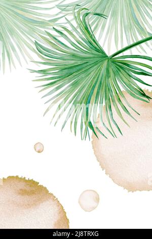 Botanische Aquarellkunst mit abstrakten Elementen in Beige- und Grüntönen. Kreative handgezeichnete Texturen mit Wandkomposition aus Palmenzweig Stockfoto