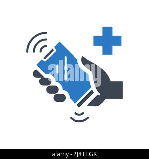 Rufen Sie das Symbol für die Vektorgliphe des Arztes an. Die Hand hält ein klingelndes Telefon mit einem medizinischen Kreuzzeichen. Medizinische Hilfe. Isoliert auf weißem Hintergrund. Bearbeitbare Vect Stock Vektor