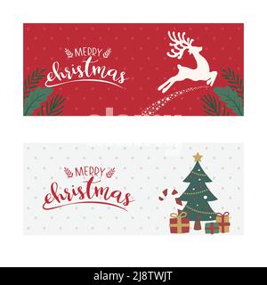 Zwei horizontale Weihnachtskarten mit glänzenden Bändern und bunten Kugeln. Neujahr und Weihnachtskarte Illustration auf hellem Hintergrund Stock Vektor
