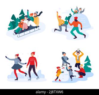 Winteraktivitäten. Glückliche Familienmitglieder, die Spaß im Freien haben. Menschen, die Schlitten fahren, Schneemann machen, Schlittschuhlaufen Stock Vektor