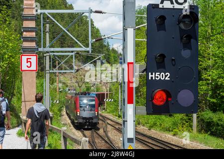 Semmering: Bahnlichtsignal, Rotlicht, 2 Züge, Semmeringbahn, Wanderer in Wiener Alpen, Alpen, Niederösterreich, Niederösterreich, Niederösterreich, Stockfoto