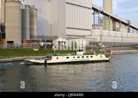 Mannheim, Deutschland - April 2022: Kleine Fähre, die Autos und Passagiere zum und vom großen Kraftwerk am Rhein bringt Stockfoto