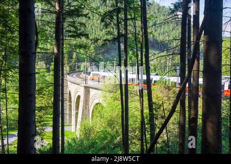 Breitenstein: Semmeringbahn, Viadukt Adlitzgraben-Viadukt, Regionalzug von ÖBB in Wiener Alpen, Alpen, Niederösterreich, Unteraustr Stockfoto