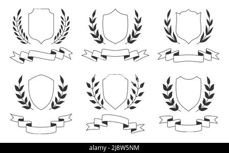 Schild Kranz Band Emblem Banner schwarz Glyphe Set. Royal Guard blank Vorlage schützen Garantie Insignien. Schilder Inschrift Auszeichnung alten griechischen Blättern. Militärische Wappenwaffen mittelalterliche Rüstung isoliert Stock Vektor