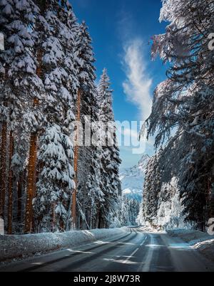 Verschneite Winterstraße im Wald. Schöne Winterlandschaft mit Bergen im Hintergrund Stockfoto