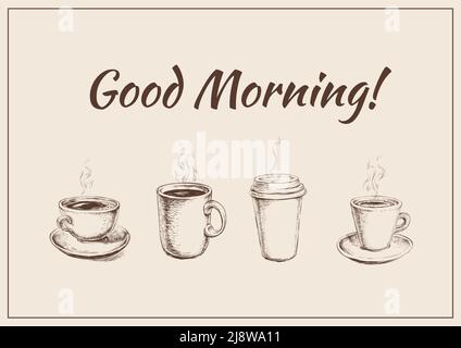 Set Aus Kaffeebecher. Löffel. Handgezeichnete Skizze Kaffee Vektorgrafik. Guten Morgen. Frühstück. Café. Stock Vektor