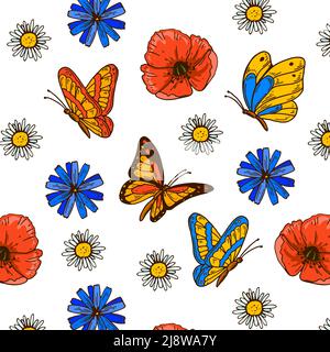 Buntes, nahtloses Schmetterlingsmuster mit Mohnblumen und Kamillen. Sommerliches Design. Handgezeichnete Vektorgrafik Stock Vektor