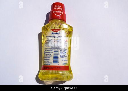 Flasche Colgate Plax Max Frische antibakterielle Mundspülung der Marke Colgate von Palmolive in würziger, frischer, gelber Farbe. Rückansicht von Colgate Stockfoto