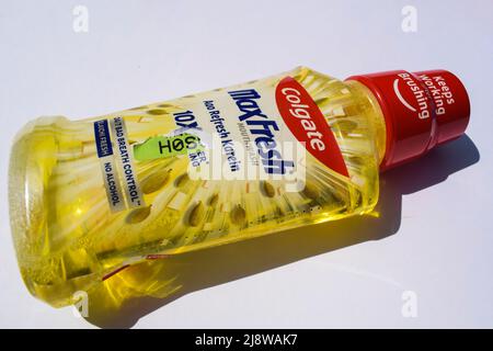 Flasche Colgate Plax Max Frische antibakterielle Mundspülung der Marke Colgate von Palmolive in würziger, frischer, gelber Farbe. Rückansicht von Colgate Stockfoto