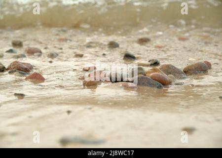 Steine liegen wunderschön an der Küste. Steine auf dem Sand. Viele bunte Muscheln und Steine liegen am Strand an einem sonnigen Tag mit blauem Himmel und einem Stockfoto