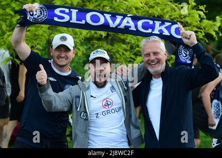 Uherske Hradiste, Tschechische Republik. 18.. Mai 2022. Fanousci sledovali V Pivnici Krcek Finale Ceskeho fotbaloveho poharu MOL Cup: 1. FC Slovacko - AC Sparta Praha, Uherske Hradiste, 18. kvetna 2022. Fanousci Slovacka slavi vitezstvi. Stockfoto