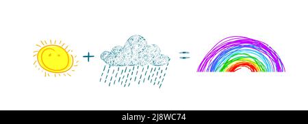 Kindersymbole Sonne und Regen und Regenbogen. Vektorgrafik Stock Vektor