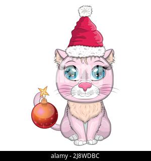 Niedliche Cartoon-Katze in santa Hut mit weihnachtskugel. Winter 2023, Weihnachten und chinesisches Neujahr. Stock Vektor