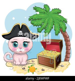 Katzenpirat, Zeichentrickfigur des Spiels, Wildtierkatze in einem Bandana und ein aufgespannter Hut mit einem Schädel, mit einem Augenfleck. Charakter mit hellen Augen A Stock Vektor