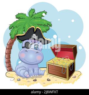 Hippopotamus Pirat, Cartoon-Charakter des Spiels, wildes Tier in einem Bandana und ein gespannter Hut mit einem Schädel, mit einem Augenfleck.Charakter mit hellen Ey Stock Vektor