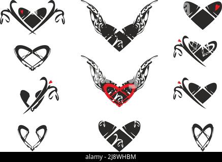 Schwarze und rote Herzsymbole auf weißem Hintergrund für Feiertage oder Veranstaltungen. Symbole der Liebe mit Flügelelementen und floralen Motiven für Textilien, Tattoos Stockfoto