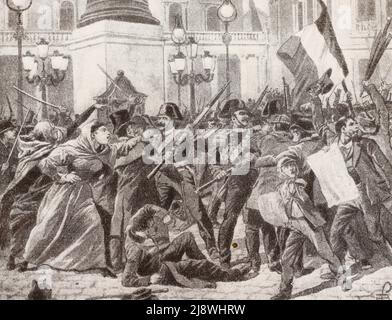 Antikriegsdemonstration auf der Piazza Column in Rom. Gravur von 1896. Stockfoto