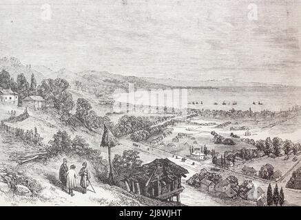 Gesamtansicht der Stadt Sukhum-Kale. Gravur des späten 19.. Jahrhunderts. Stockfoto