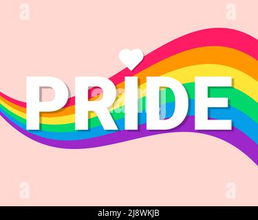 Wellen von LGBT-Farben auf rosa Hintergrund und Pride-Text. Vektorgrafik. Stock Vektor