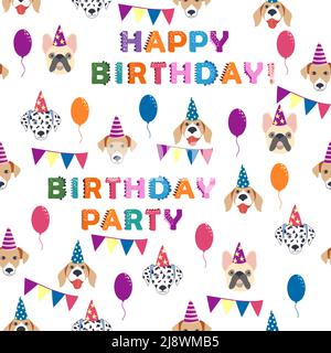 Happy Birthday nahtlose Muster mit Cartoon-Hunde der Dalmatiner, Bulldog, Terrier, Corgi Rasse. Geburtstagsgeschenke, Luftballons, Süßigkeiten und Partyhüte. Stock Vektor