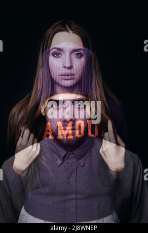 Doppelbelichtung Foto von jungen hübschen Frau und schönen bärtigen Mann Blick auf die Kamera durchbohrt auf schwarzem Hintergrund Stockfoto