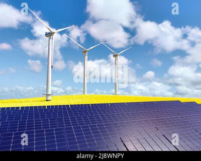 3D Rendering von Solarparks und Windturbinen im Hintergrund am sonnigen Tag Stockfoto