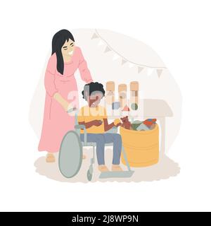 Unabhängige Haushaltsführung isolierte Cartoon-Vektor-Illustration. Kinder lernen, Spielzeug zu reinigen, einschließlich Kindertagesstätte, Kinder mit besonderen gesundheitlichen Bedürfnissen, lehren Haushalt Vektor Cartoon. Stock Vektor