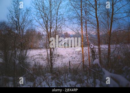 Im Winter steht ein einsames Haus auf einem Bauernhof mitten im Wald Stockfoto