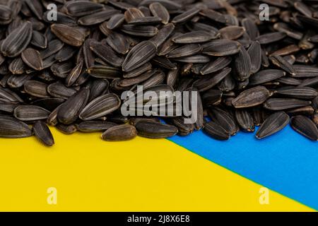 Ukraine Flagge und Sonnenblumenkerne. Sonnenblumenöl-Exporte, Produktions- und Lieferkonzept Stockfoto