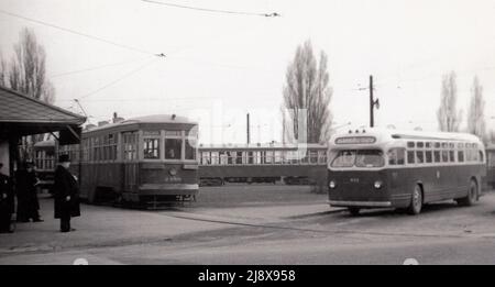 TTC Peter Witt Straßenbahnen und alter GM-Bus an der Birchmount-Schleife im Jahr 1946 - Originalunterschrift: TTC GM Old Look #933 lässt Birchmount-Schleife auf SCARBORO in Betrieb, während ein Peter Witt-Anhängerzug, angeführt von Auto #2488, der KINGSTON ROAD Look bedient. Ein weiterer Witt-Trailerzug ist im Hintergrund ca. 1946 Stockfoto