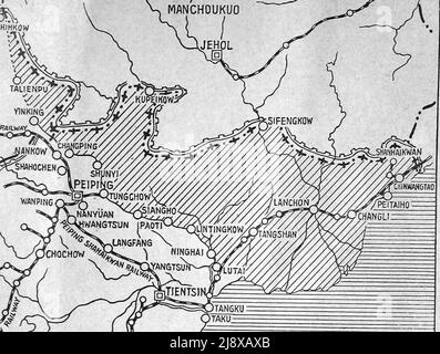 Der schattierte Teil dieser Karte zeigt die durch den Tanggu-Waffenstillstand entmilitarisierten Gebiete. Beachten Sie auch, dass der Rest der Provinz Hebei, einschließlich Peking und Tianjin, ebenfalls von nationalistischen Kräften gemäß den Bedingungen des He-Umezu-Abkommens entmilitarisiert werden würde, aber unabhängige Kriegsherren wie Song Zheyuan fuhren dort fort. Ca. Möglicherweise 1930s als Tanggu-Waffenstillstand im Jahr 1933 Stockfoto